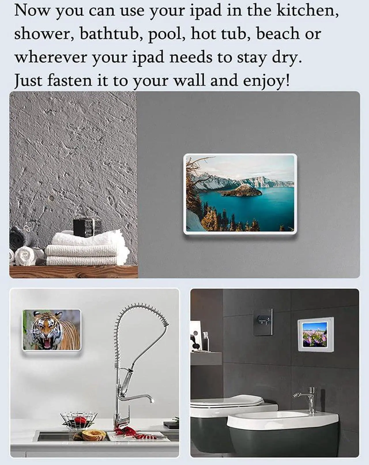 Alt view image 5 of 5 - ABHILWY Shower Ipad Holder Waterproof Wall Mounted Upgrade,Bathroom Tablet Case Mount Shelf Rotation,Adhesive Touchable Cradle with Glass Mirror Anti-Fog Screen for Kitchen 12.9 inches Luxury