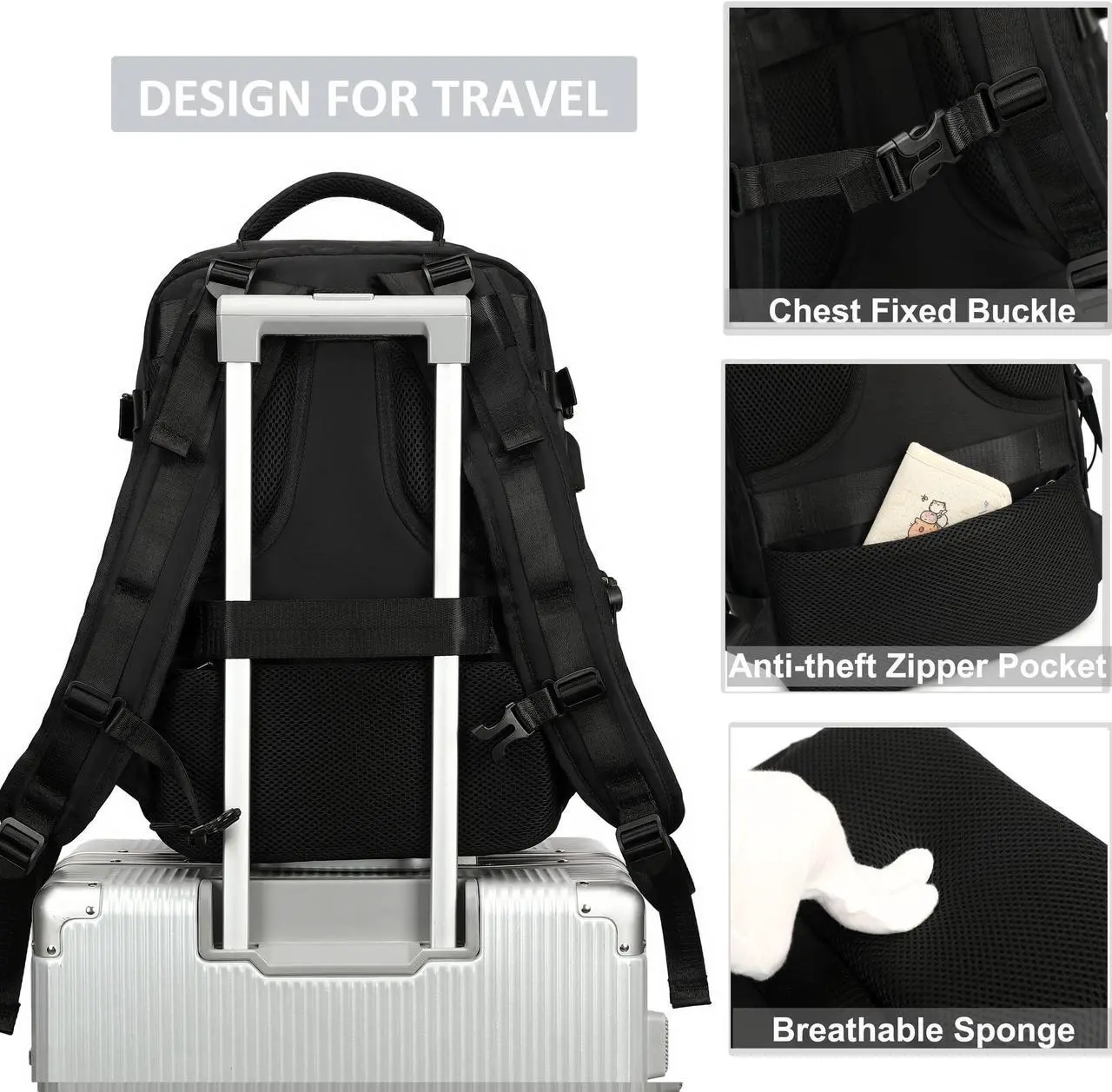 Alt view image 5 of 5 - Travel Backpack for Women Men 17 Inch Laptop Backpacks with USB Port Carry on Bag Airline Approved Large College School Bookbags Waterproof Work Business Sport Rucksack Casual Daypack (Black)