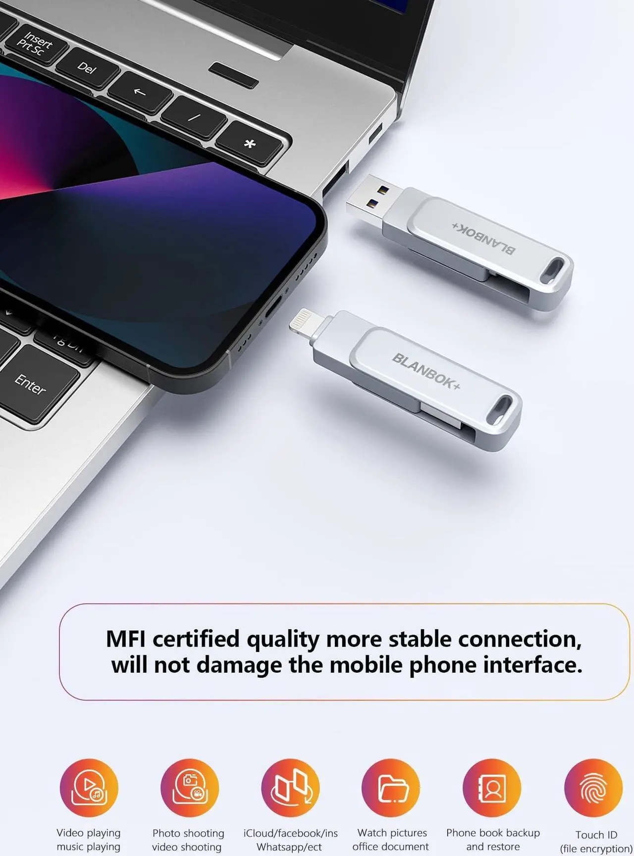 Alt view image 5 of 5 - MFi Certified Flash Drive 256GB for iPhone USB Memory Stick Thumb Drives High Speed USB Stick,Photo Stick External Storage for iPhone/iPad/Android/PC