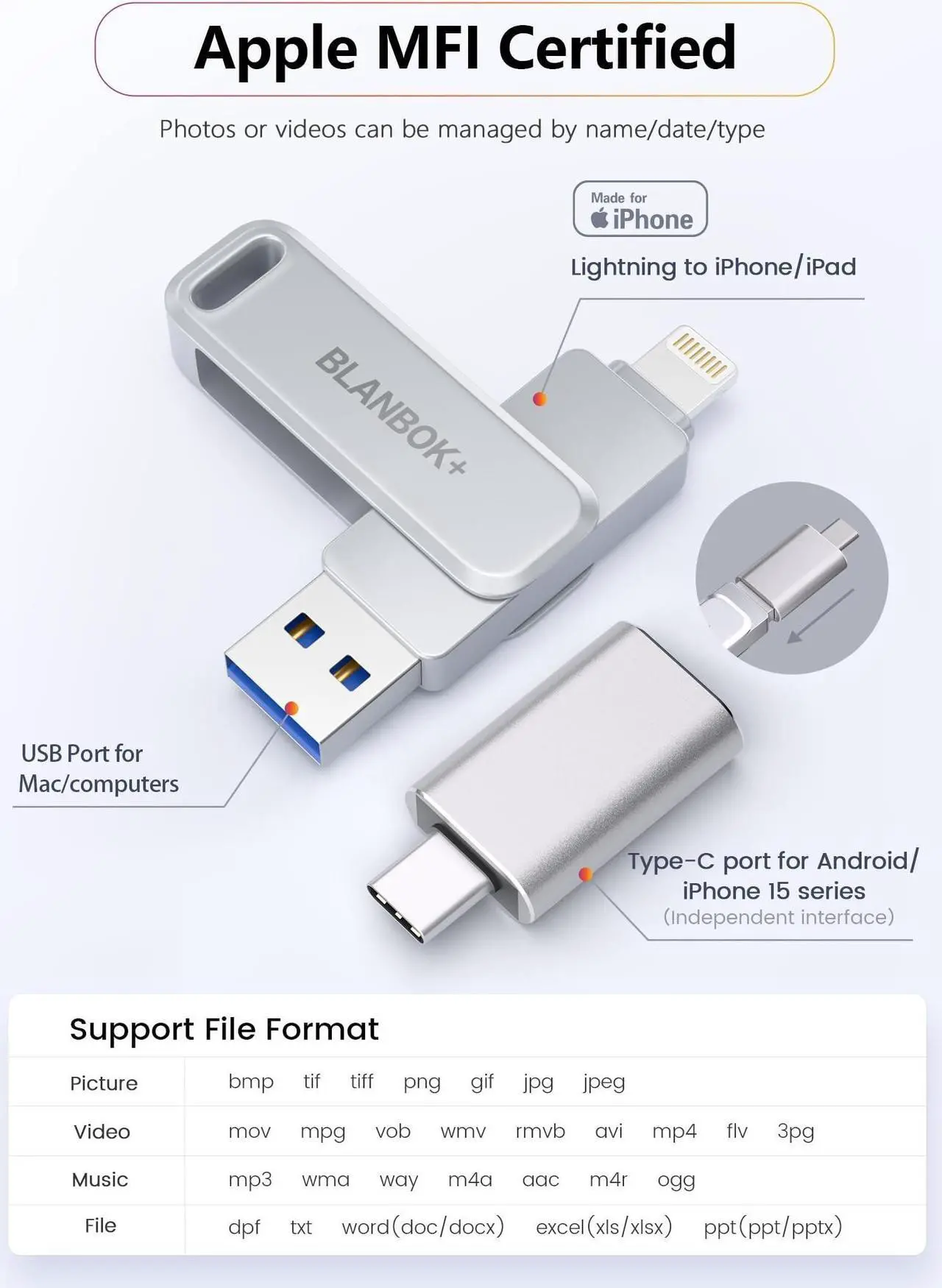 Alt view image 2 of 5 - MFi Certified Flash Drive 256GB for iPhone USB Memory Stick Thumb Drives High Speed USB Stick,Photo Stick External Storage for iPhone/iPad/Android/PC