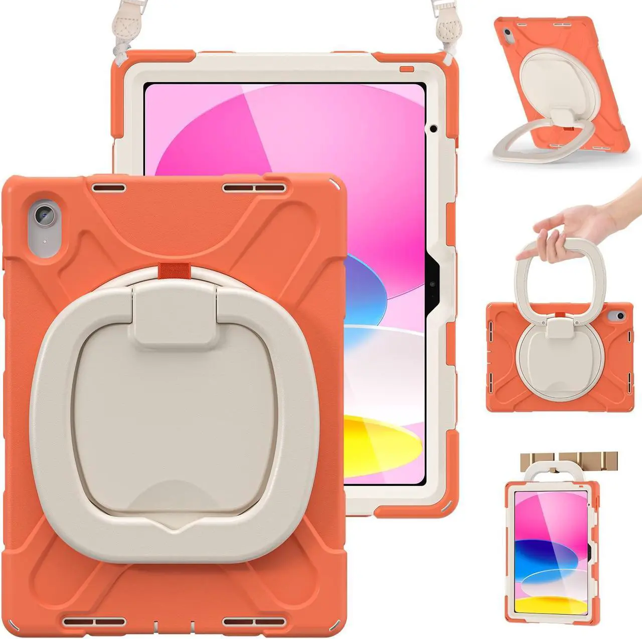 Main image of BRAECN Kids Case for iPad 10th Generation 2022, Rugged Silicone Cover for iPad 10th A2696 A2757 A2777 w/Screen Protector/Swivel Ring Stand/Kickstand/Handle Grip/Carrying Shoulder Strap, Coral Orange