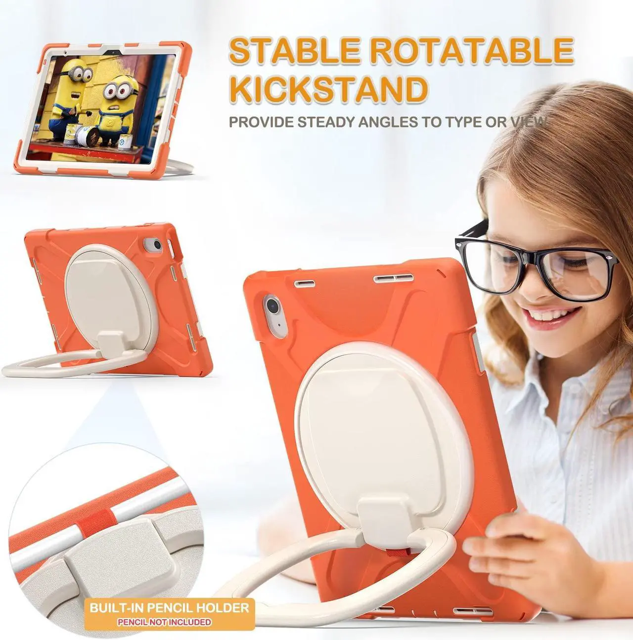 Alt view image 3 of 5 - BRAECN Kids Case for iPad 10th Generation 2022, Rugged Silicone Cover for iPad 10th A2696 A2757 A2777 w/Screen Protector/Swivel Ring Stand/Kickstand/Handle Grip/Carrying Shoulder Strap, Coral Orange