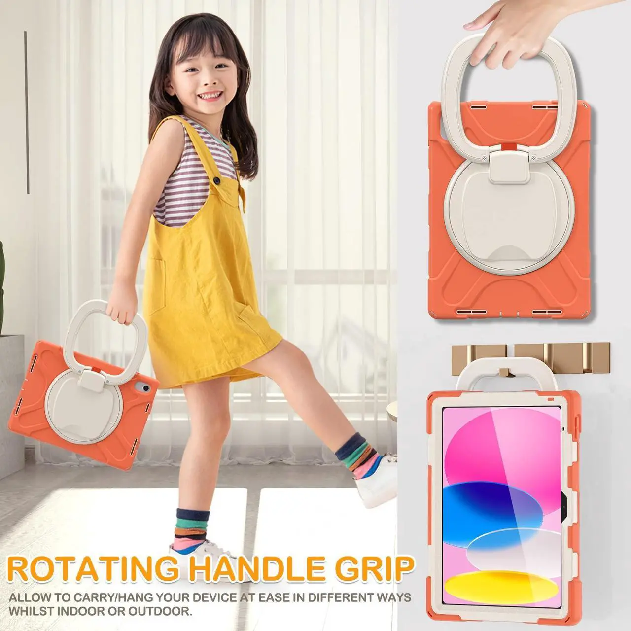 Alt view image 4 of 5 - BRAECN Kids Case for iPad 10th Generation 2022, Rugged Silicone Cover for iPad 10th A2696 A2757 A2777 w/Screen Protector/Swivel Ring Stand/Kickstand/Handle Grip/Carrying Shoulder Strap, Coral Orange