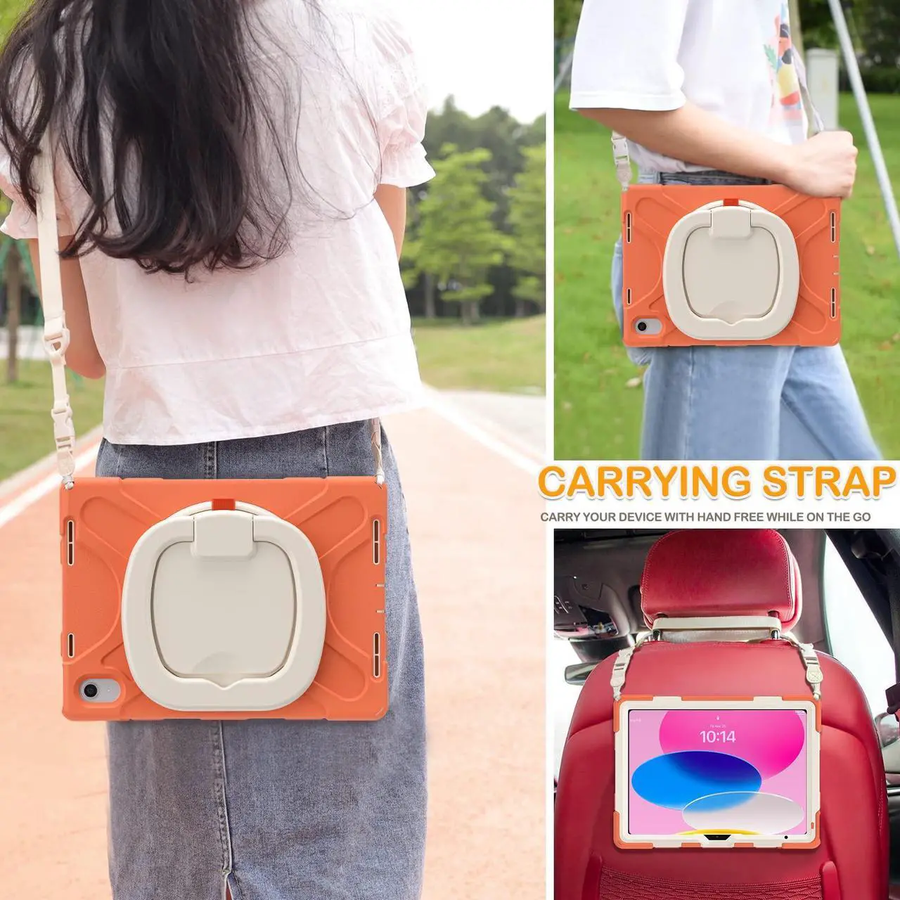 Alt view image 5 of 5 - BRAECN Kids Case for iPad 10th Generation 2022, Rugged Silicone Cover for iPad 10th A2696 A2757 A2777 w/Screen Protector/Swivel Ring Stand/Kickstand/Handle Grip/Carrying Shoulder Strap, Coral Orange