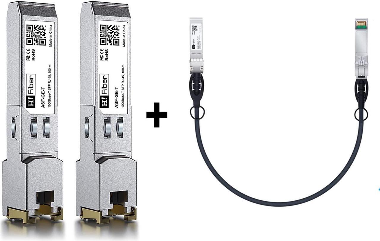 Main image of 2 Pack 1000Base-T SFP Module with 1G SFP Cable 0.5m, 1.25G SFP to RJ45 Transceiver, 1G DAC Cable,Compatible with Cisco, Meraki, MikroTik, Ubiquiti, Unifi, Netgear, D-Link and More
