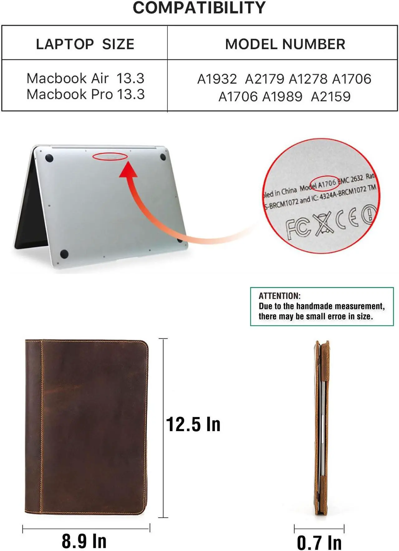 Alt view image 5 of 5 - CataPurus Top Grain Leather 13.3" Slim Laptop Folio Case Protector, Vintage Open Style, Fully Handmade, Compatible with MacBook Pro 13.3" MacBook Air 2022 DELL XPS 13" & Other PC, Coffee 13.3 Inch