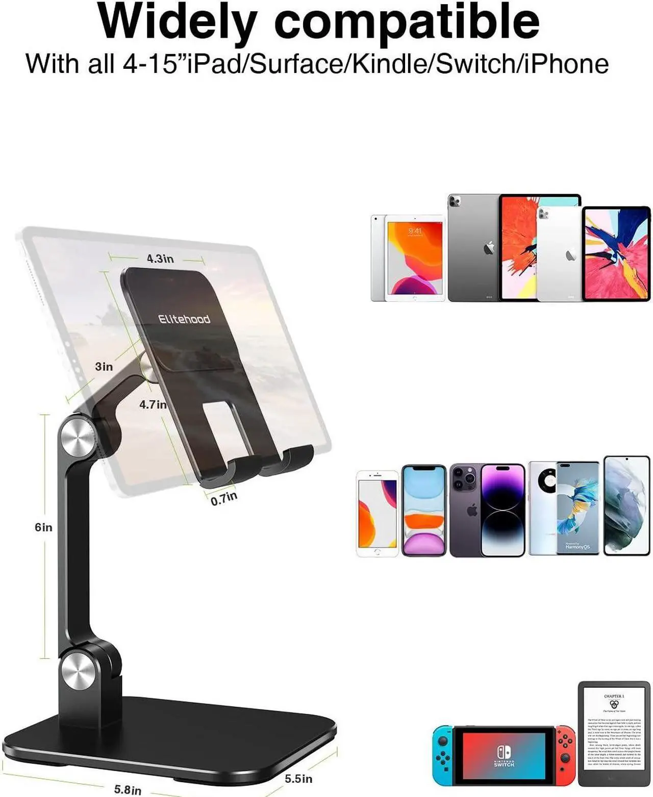 Alt view image 4 of 5 - elitehood Aluminum iPad Stand for Desk [Ultra-Stable & Sturdy], Height Adjustable Tablet Stand, Portable Stand Holder Dock for Home Office, Compatible with iPad Pro 12.9, iPad Air Mini 6 5 4 3, Black