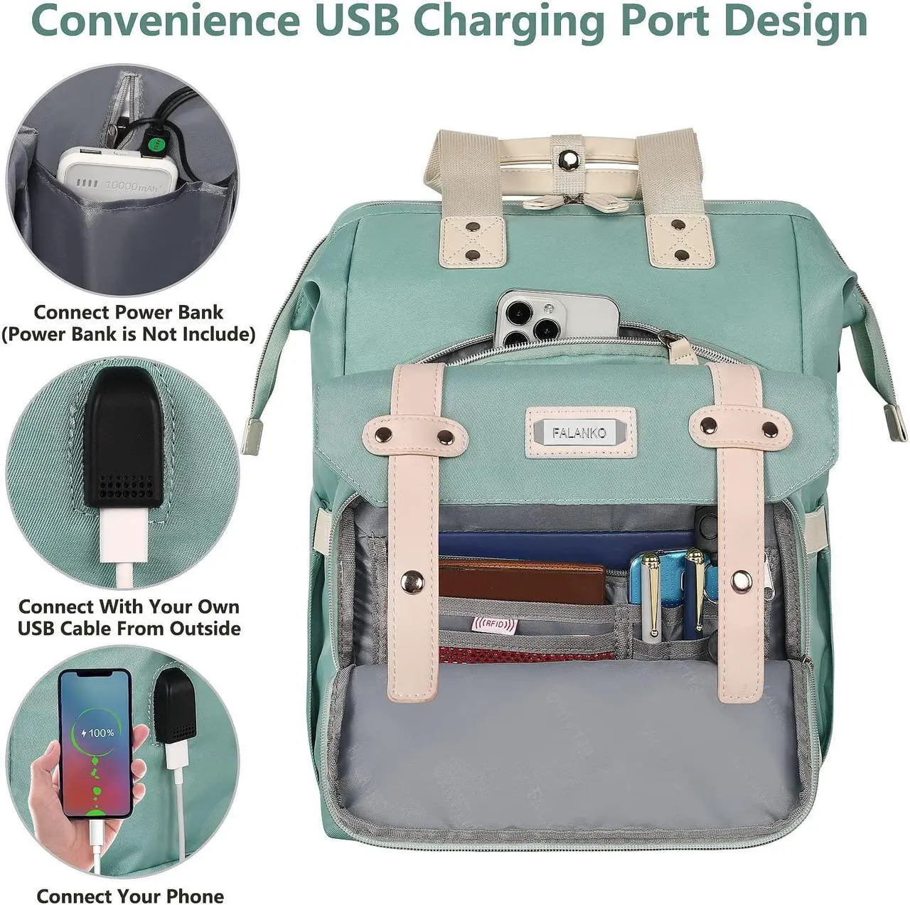 Alt view image 3 of 5 - FALANKO Laptop Backpack for Women,Doctor Teacher Nurse Work Bookbag for 15.6 Inch Laptop,Large Travel Wide Open College Shoulder Purse Bag With RFID Anti Theft USB Charging Port-Green