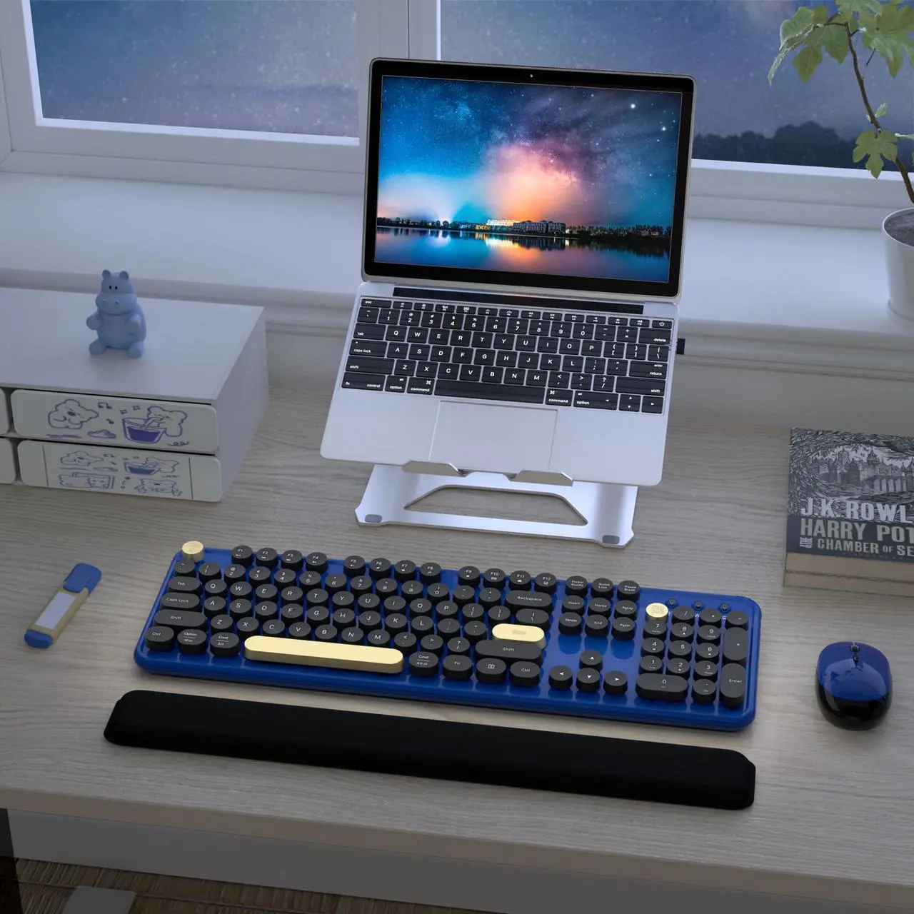 Alt view image 2 of 5 - Colorful Wireless Keyboard and Mouse Combos, Retro Keyboard and Mouse Wireless Full Size, 2.4Ghz Connection and Optical Mouse for Windows, Mac, PC, Laptop for Home and Office (Jewel Blue-Black)