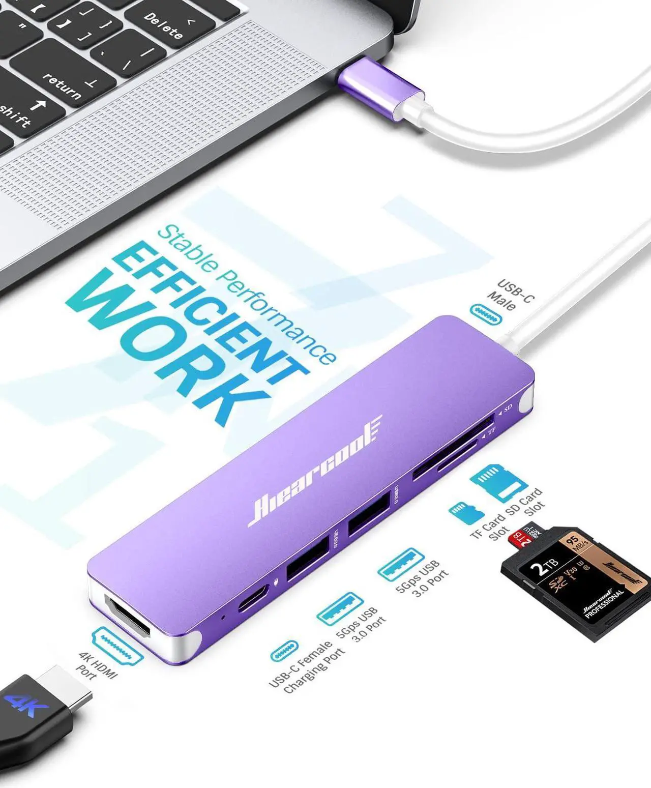 Alt view image 2 of 5 - Hiearcool 7IN1 USB C Adapter, USB C Hub-(Grey and Purple)