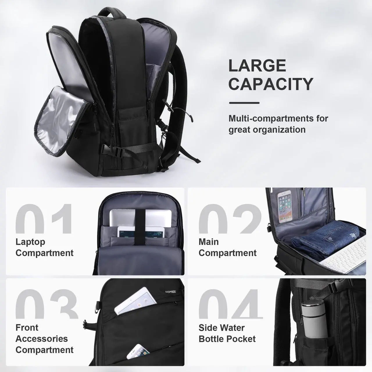 Alt view image 4 of 5 - HOMIEE Travel Laptop Backpack for Men Women, Personal Item Carry On Bag, Dry Wet Separation, Weekender Business Hiking Camping Bag, Mochila de Viaje, Black