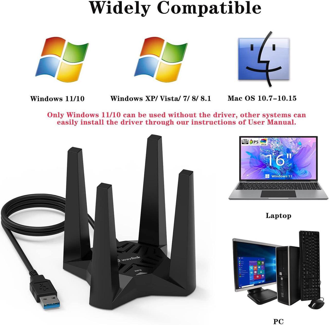 Alt view image 3 of 5 - USB WiFi Adapter for Desktop PC, AC1900 WiFi Adapter Dual Band Wireless Network Adapter with 2.4GHz/5GHz High Gain Antennas, MU-MIMO, Supports Windows 11/10/8.1/8/7, XP, Mac OS 10.7-10.15