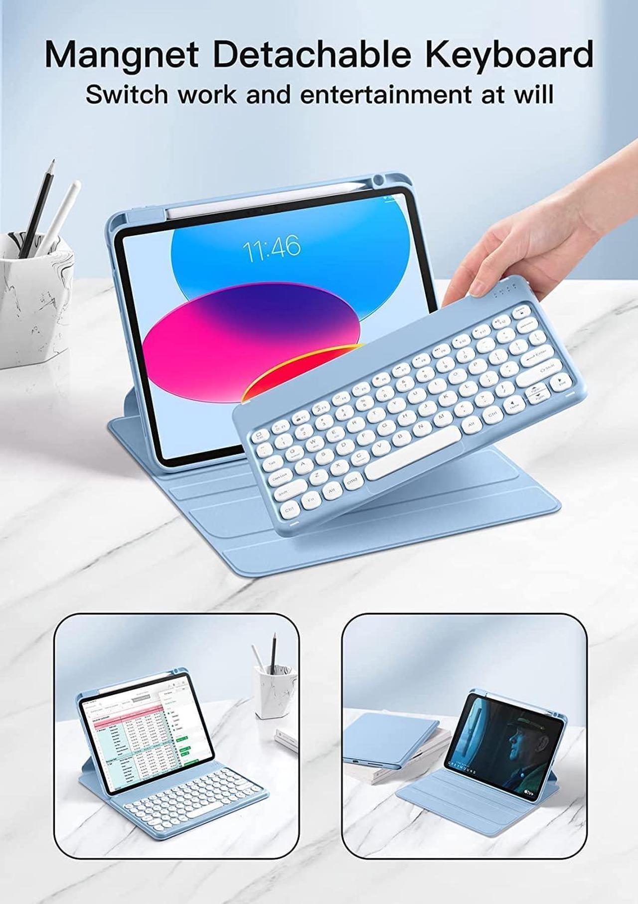 Alt view image 3 of 5 - AnMengXinLing Rotatable Case with Keyboard for iPad Air 11 Inch (M2)/Air6/Air 5th/Air4th Generation, Round Keys Detachable Keyboard Case with Pencil Holder (B Style-Blue)