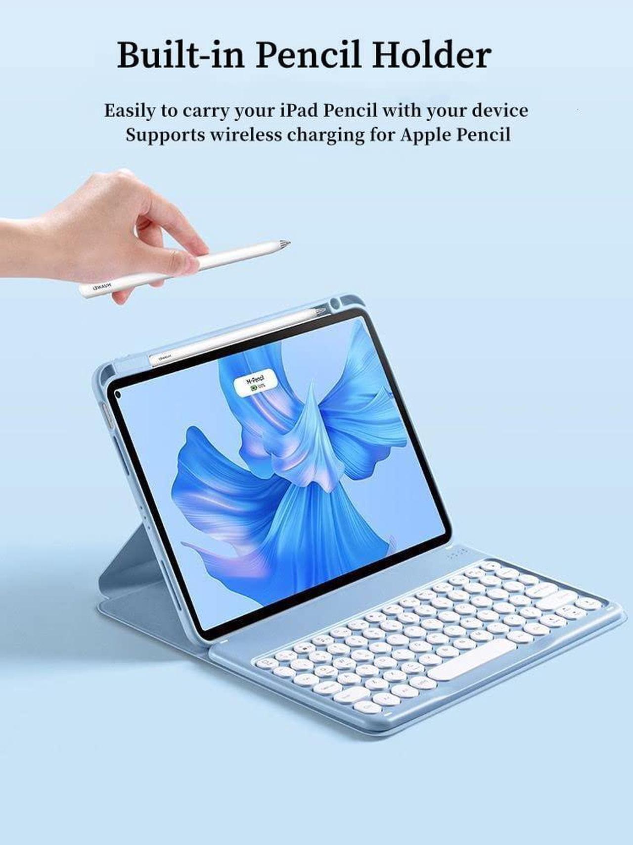 Alt view image 5 of 5 - AnMengXinLing Rotatable Case with Keyboard for iPad Air 11 Inch (M2)/Air6/Air 5th/Air4th Generation, Round Keys Detachable Keyboard Case with Pencil Holder (B Style-Blue)