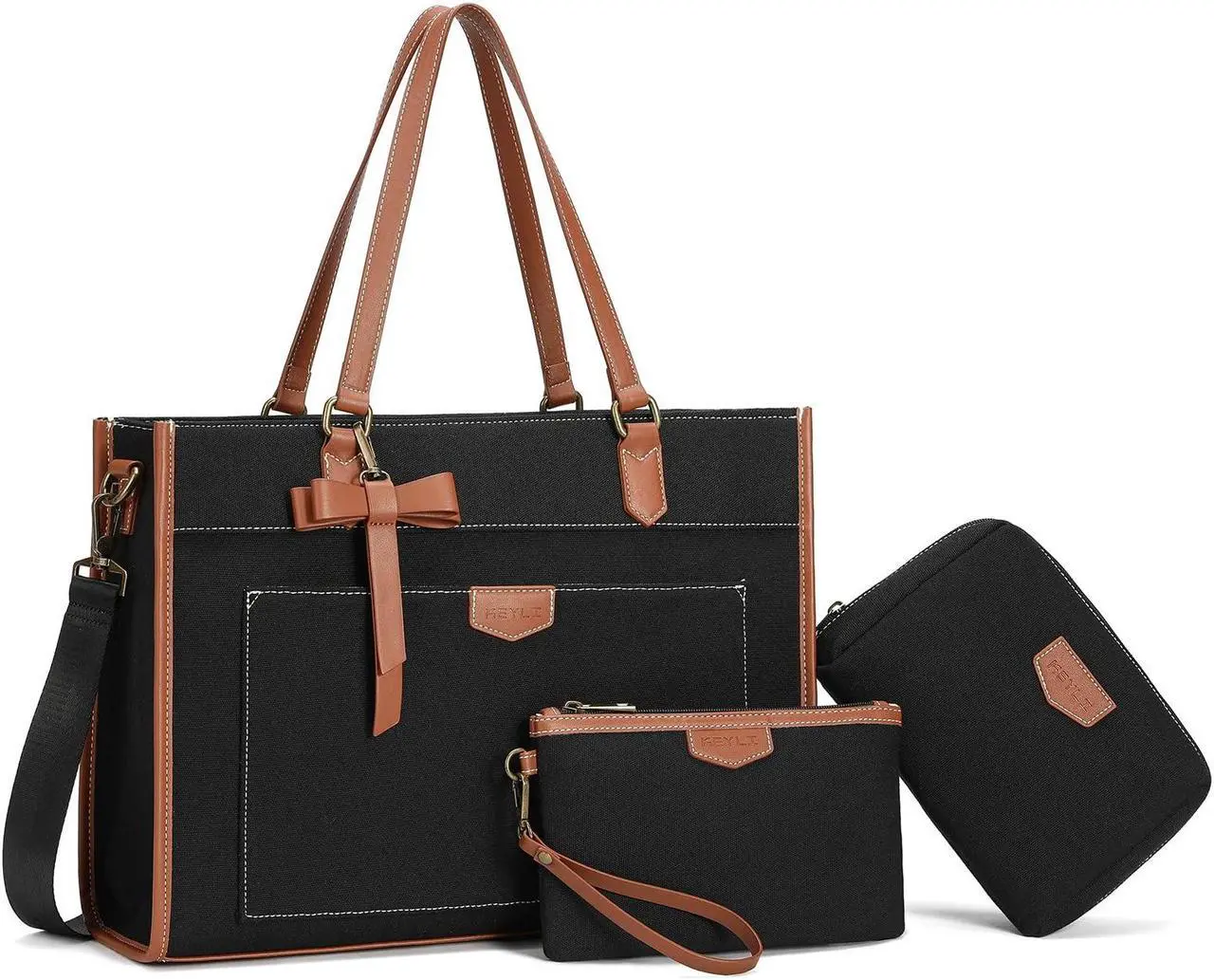 Main image of Keyli Laptop Tote Bag Canvas Laptop Bag for Women 15.6 inch Casual Work Shoulder Bags Large Capacity Professional Business Office Computer Bag Briefcase Handbag Purses for Travel, Office, School Black