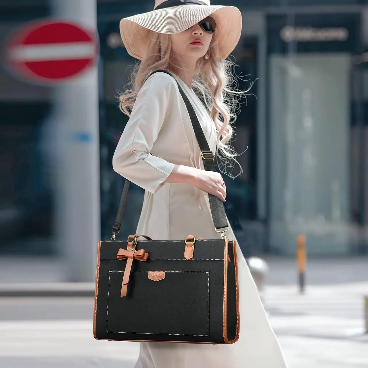 Alt view image 2 of 5 - Keyli Laptop Tote Bag Canvas Laptop Bag for Women 15.6 inch Casual Work Shoulder Bags Large Capacity Professional Business Office Computer Bag Briefcase Handbag Purses for Travel, Office, School Black