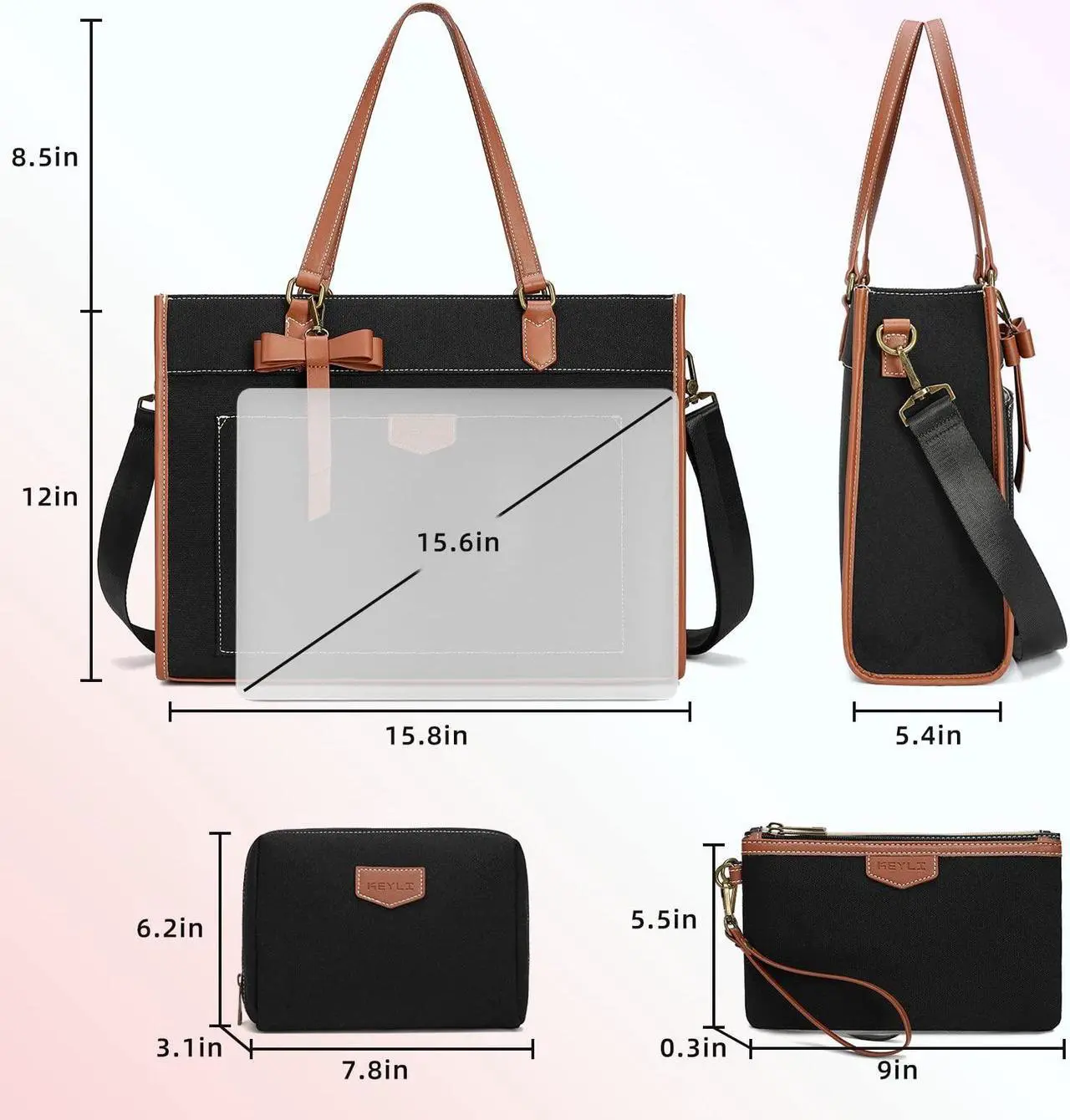 Alt view image 3 of 5 - Keyli Laptop Tote Bag Canvas Laptop Bag for Women 15.6 inch Casual Work Shoulder Bags Large Capacity Professional Business Office Computer Bag Briefcase Handbag Purses for Travel, Office, School Black
