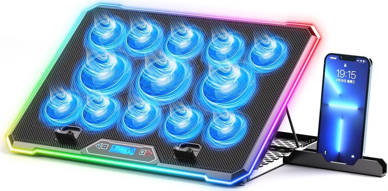 Main image of KYOLLY RGB Laptop Cooling Pad Gaming Laptop Cooler, Laptop Fan Cooling Stand with 13 Quiet Cooling Fans for 15.6-17.3 inch laptops, 9 Height Stand, LED Lights & LCD Screen, 2 USB Ports, Lap Desk Use