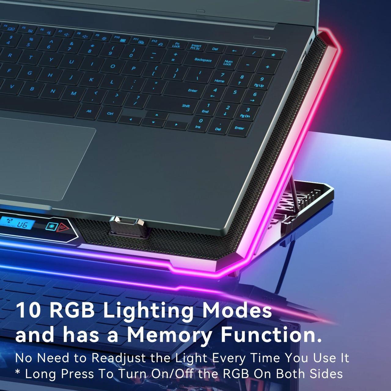 Alt view image 4 of 5 - KYOLLY RGB Laptop Cooling Pad Gaming Laptop Cooler, Laptop Fan Cooling Stand with 13 Quiet Cooling Fans for 15.6-17.3 inch laptops, 9 Height Stand, LED Lights & LCD Screen, 2 USB Ports, Lap Desk Use