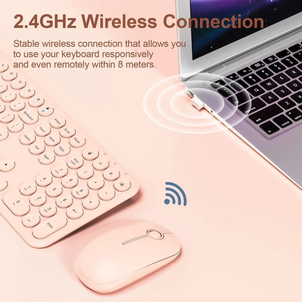 Alt view image 5 of 5 - Mobifice Cute Keyboard and Mouse Wireless for PC Computer/Laptop/Windows/Mac/Tablets, Ultra-Thin 2.4GHz USB Cordless Full-Sized Silent Retro Computer Keyboard Mouse Combo (Pink)
