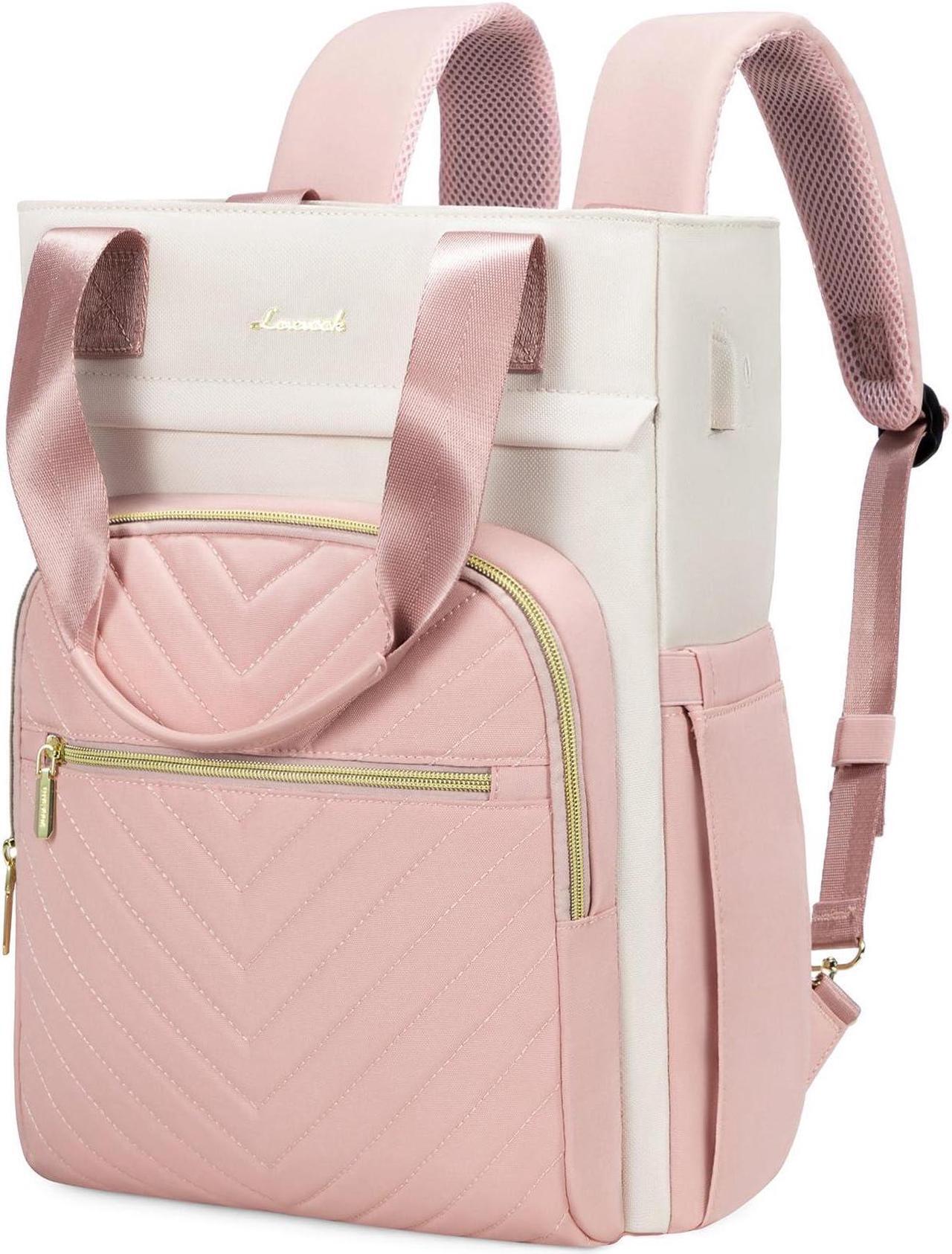 Main image of LOVEVOOK Laptop Backpack for Women, 15.6 Inch Work Business Laptop Bag, Wide Top Open Teacher Nurse Bag with USB Port, Waterproof Computer Backpack Purse for travel, Pink-White
