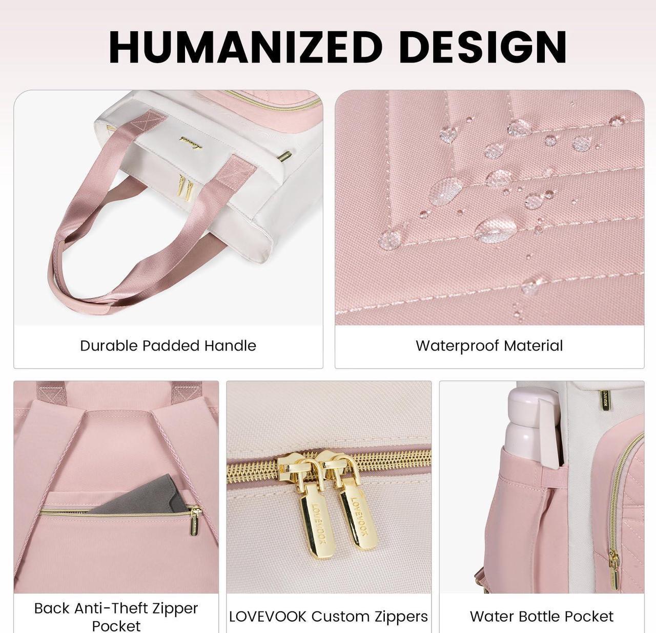 Alt view image 3 of 5 - LOVEVOOK Laptop Backpack for Women, 15.6 Inch Work Business Laptop Bag, Wide Top Open Teacher Nurse Bag with USB Port, Waterproof Computer Backpack Purse for travel, Pink-White