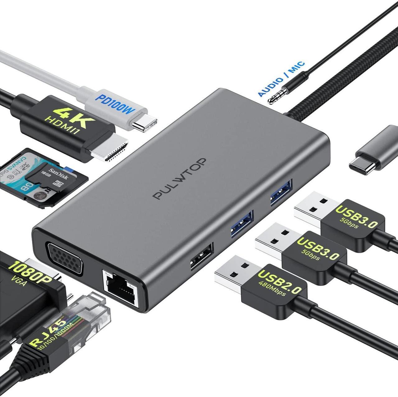 Main image of PULWTOP Laptop Docking Station 10 in 1 USB C Hub Multiport Adapter, 1*HDMI 4K 30Hz,VGA, Ethernet, USB 3.0, USB A 2.0, TF/SD, Audio, MacBook Dongle for MacBook Dell Hp Lenovo Laptop Type C Devices