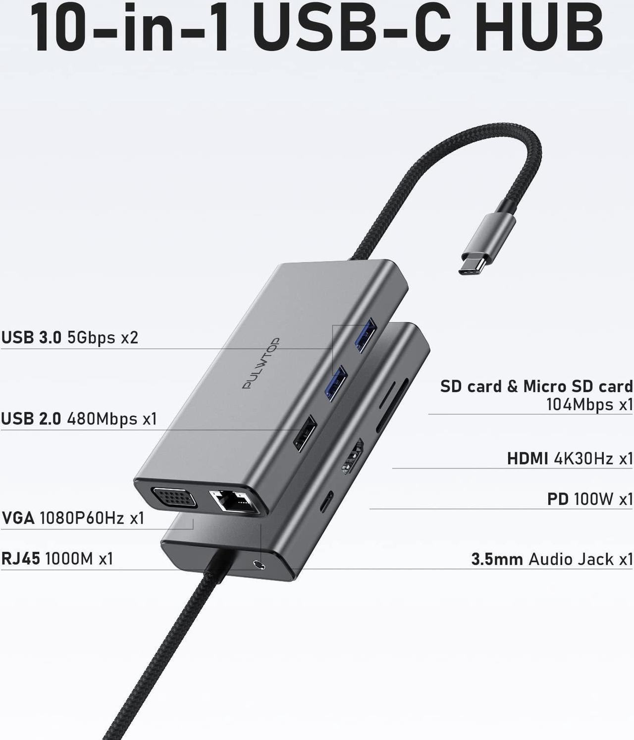 Alt view image 2 of 5 - PULWTOP Laptop Docking Station 10 in 1 USB C Hub Multiport Adapter, 1*HDMI 4K 30Hz,VGA, Ethernet, USB 3.0, USB A 2.0, TF/SD, Audio, MacBook Dongle for MacBook Dell Hp Lenovo Laptop Type C Devices