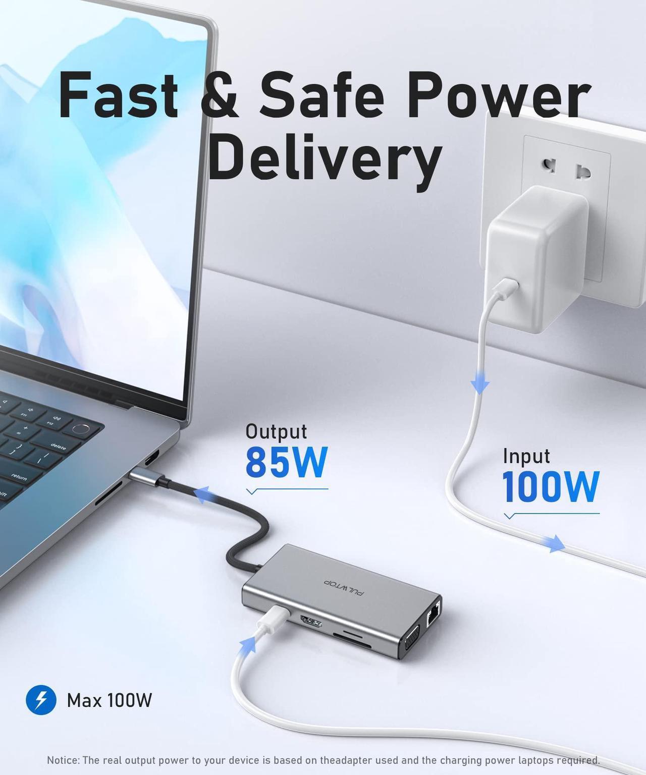 Alt view image 3 of 5 - PULWTOP Laptop Docking Station 10 in 1 USB C Hub Multiport Adapter, 1*HDMI 4K 30Hz,VGA, Ethernet, USB 3.0, USB A 2.0, TF/SD, Audio, MacBook Dongle for MacBook Dell Hp Lenovo Laptop Type C Devices