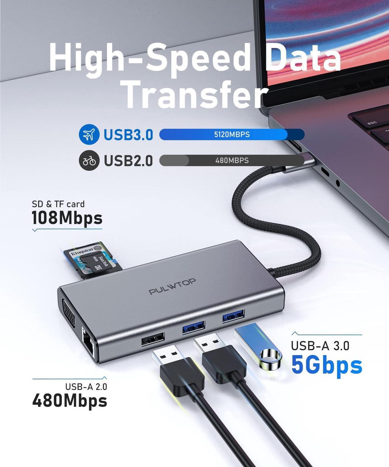 Alt view image 5 of 5 - PULWTOP Laptop Docking Station 10 in 1 USB C Hub Multiport Adapter, 1*HDMI 4K 30Hz,VGA, Ethernet, USB 3.0, USB A 2.0, TF/SD, Audio, MacBook Dongle for MacBook Dell Hp Lenovo Laptop Type C Devices