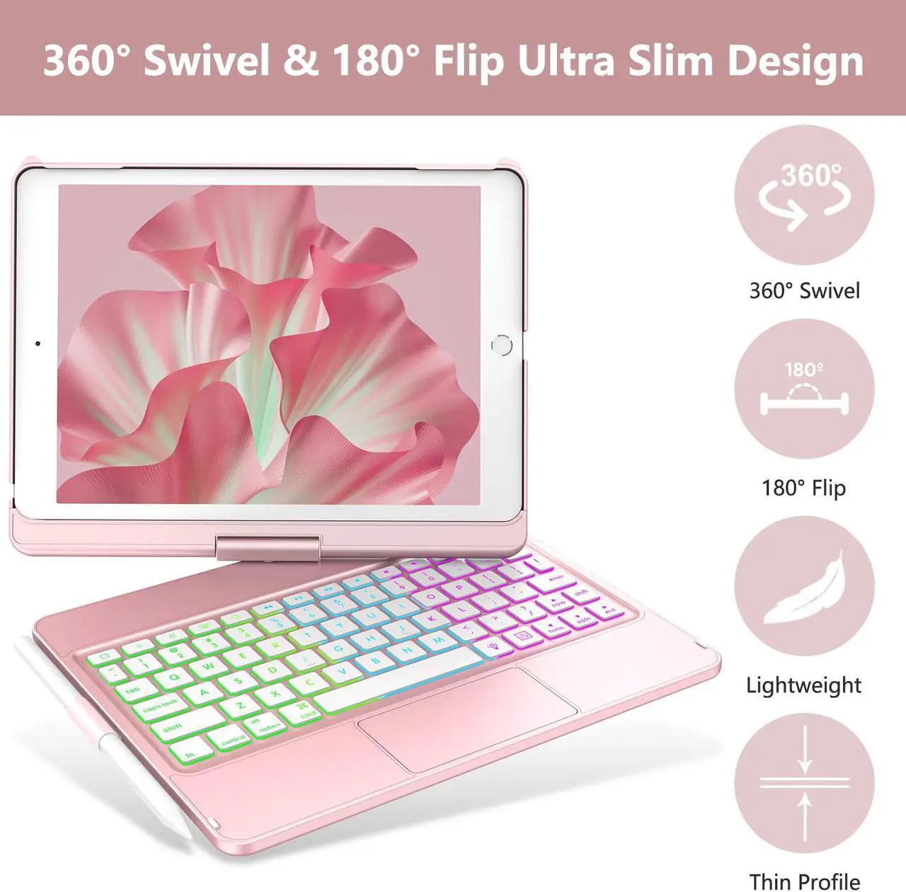 Alt view image 3 of 5 - COO iPad Keyboard Case for iPad 10.2" 9th/8th/7th Gen, iPad Air 10.5"(3rd Gen)/iPad Pro 10.5 in, Backlit 10 Color 360 Screen Rotation iPad Case with Keyboard, Auto Sleep/Wake - Rose Gold