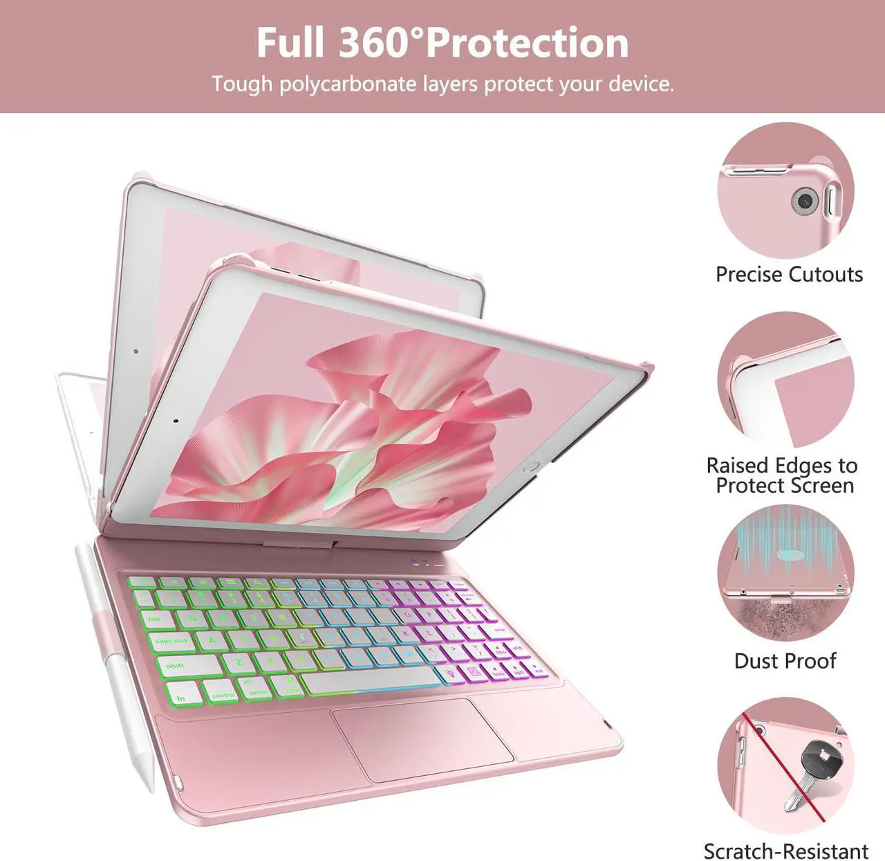 Alt view image 5 of 5 - COO iPad Keyboard Case for iPad 10.2" 9th/8th/7th Gen, iPad Air 10.5"(3rd Gen)/iPad Pro 10.5 in, Backlit 10 Color 360 Screen Rotation iPad Case with Keyboard, Auto Sleep/Wake - Rose Gold