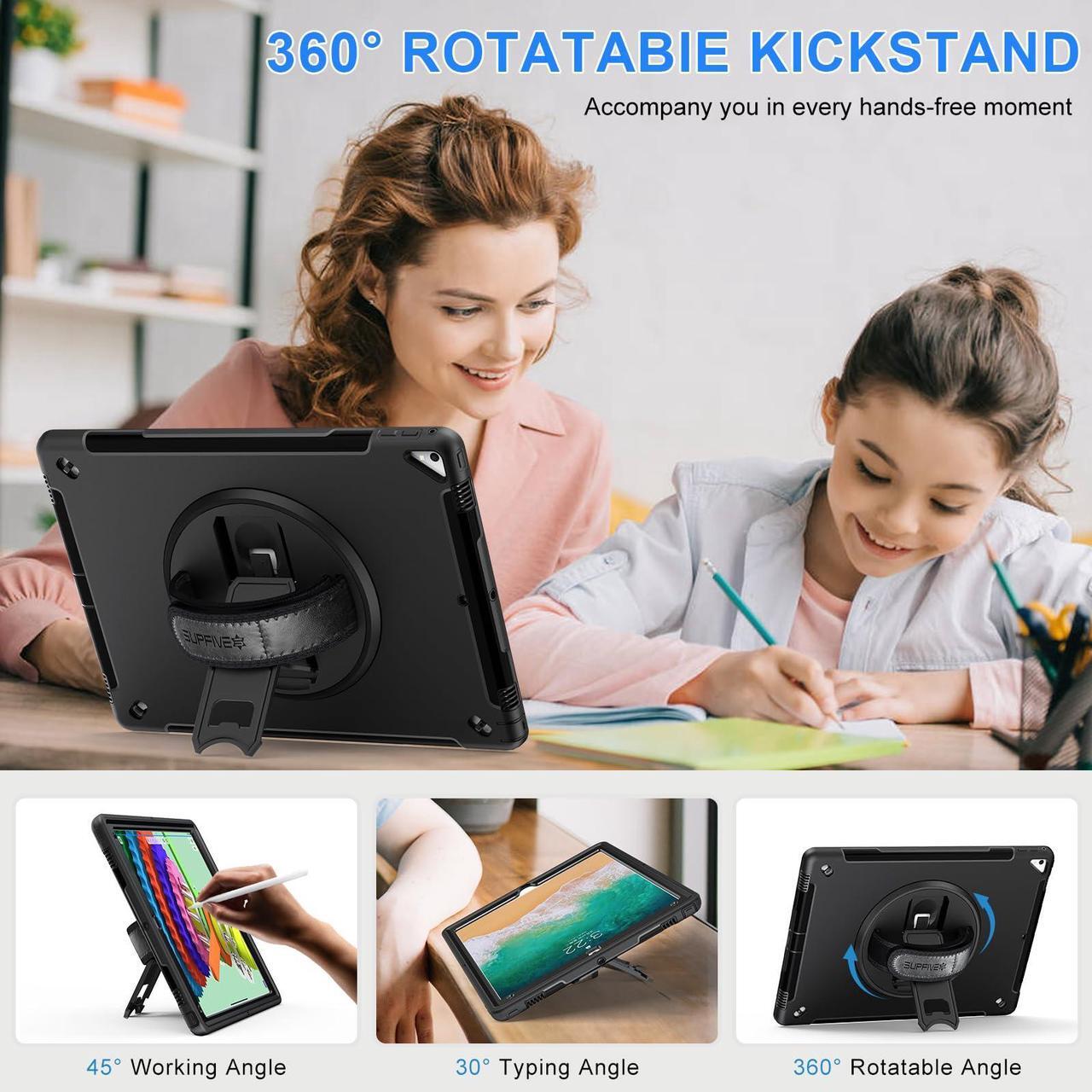 Alt view image 3 of 5 - SUPFIVES Case iPad Pro 12.9 2015/2017: iPad 12.9 Inch 1st/ 2nd Generation Case Upgraded Military Grade Shockproof Silicone Protector with Pencil Holder+ Handle+ Shoulder Strap+ Rotating Stand, Black