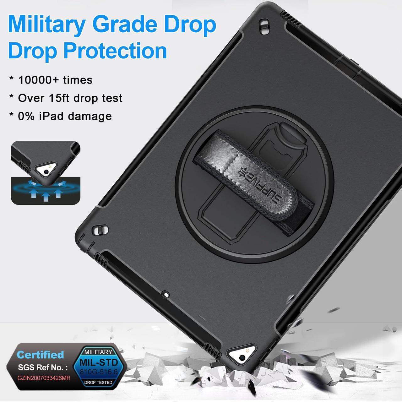 Alt view image 4 of 5 - SUPFIVES Case iPad Pro 12.9 2015/2017: iPad 12.9 Inch 1st/ 2nd Generation Case Upgraded Military Grade Shockproof Silicone Protector with Pencil Holder+ Handle+ Shoulder Strap+ Rotating Stand, Black