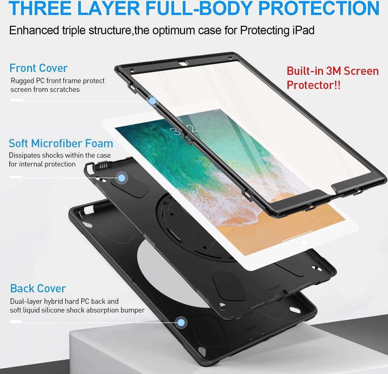 Alt view image 2 of 5 - SUPFIVES Case iPad Pro 12.9 2015/2017: iPad 12.9 Inch 1st/ 2nd Generation Case Upgraded Military Grade Shockproof Silicone Protector with Pencil Holder+ Handle+ Shoulder Strap+ Rotating Stand, Black