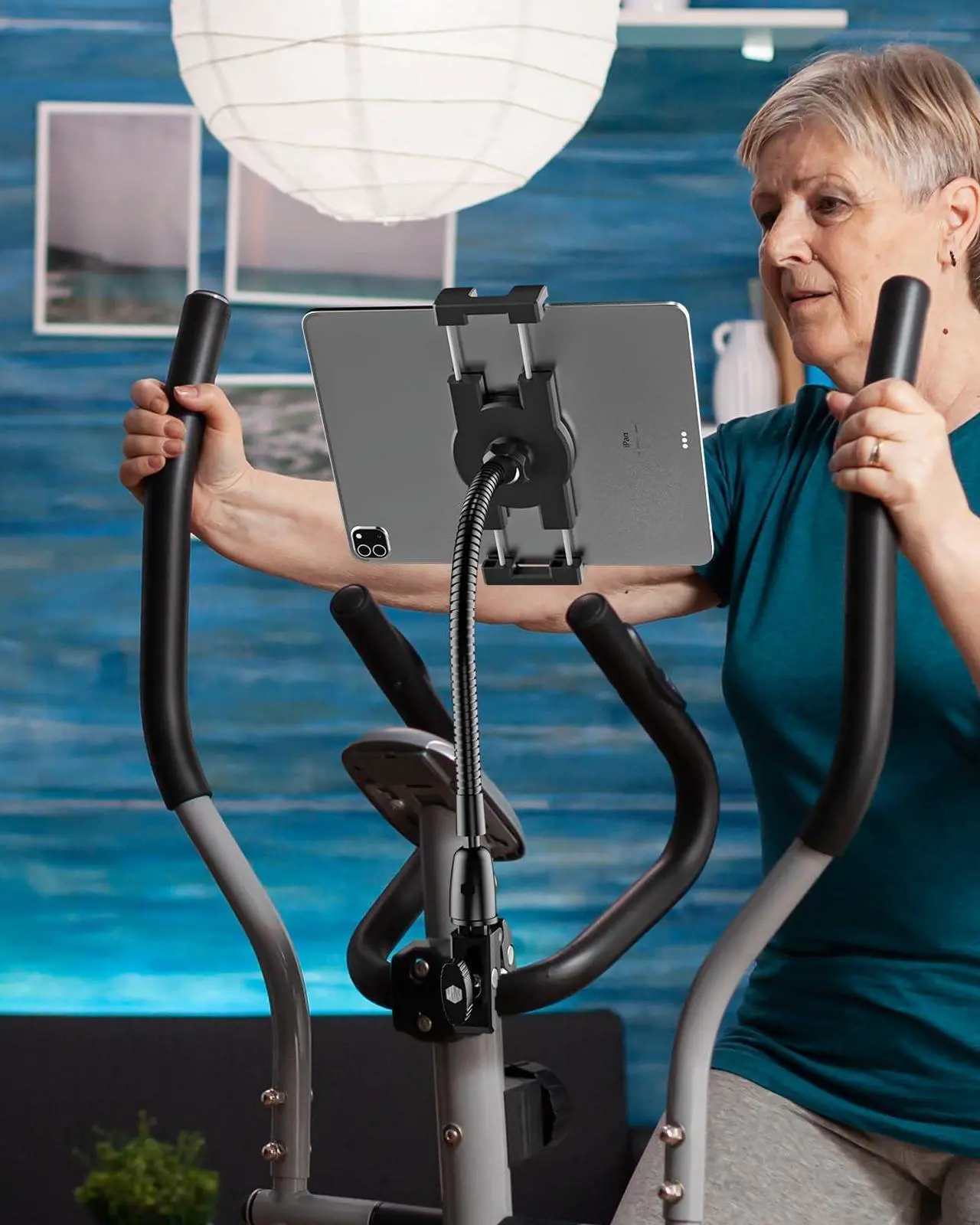 Alt view image 2 of 5 - Gooseneck Metal Spin Bike Tablet Holder Mount, Indoor Handlebar iPad Holder for Treadmill, Exercise Bike, Stationary Bicycle, Peloton, Elliptical for iPad Pro 12.9 Air Mini, Galaxy Tabs, Phones(4-13")