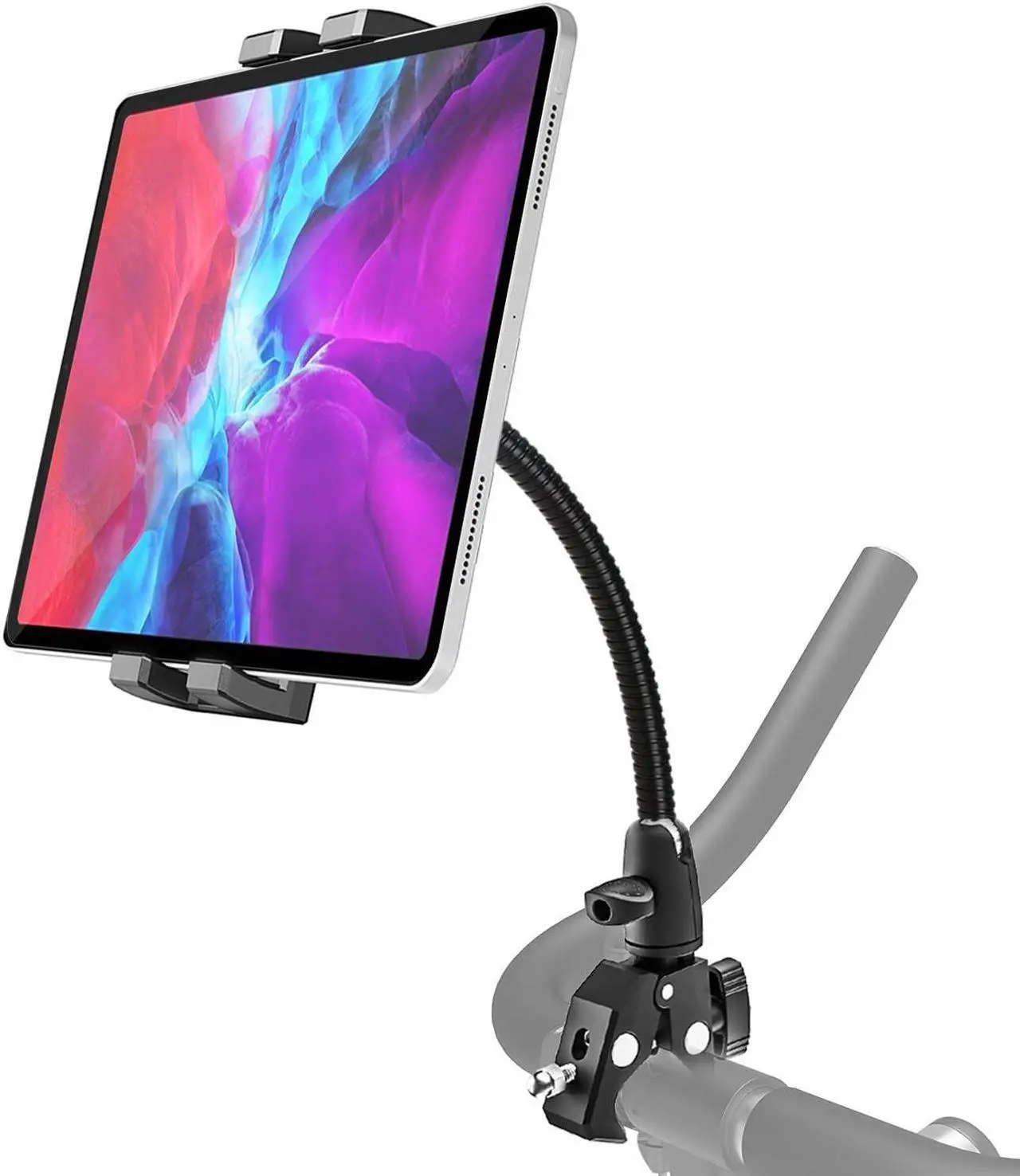 Main image of Gooseneck Metal Spin Bike Tablet Holder Mount, Indoor Handlebar iPad Holder for Treadmill, Exercise Bike, Stationary Bicycle, Peloton, Elliptical for iPad Pro 12.9 Air Mini, Galaxy Tabs, Phones(4-13")