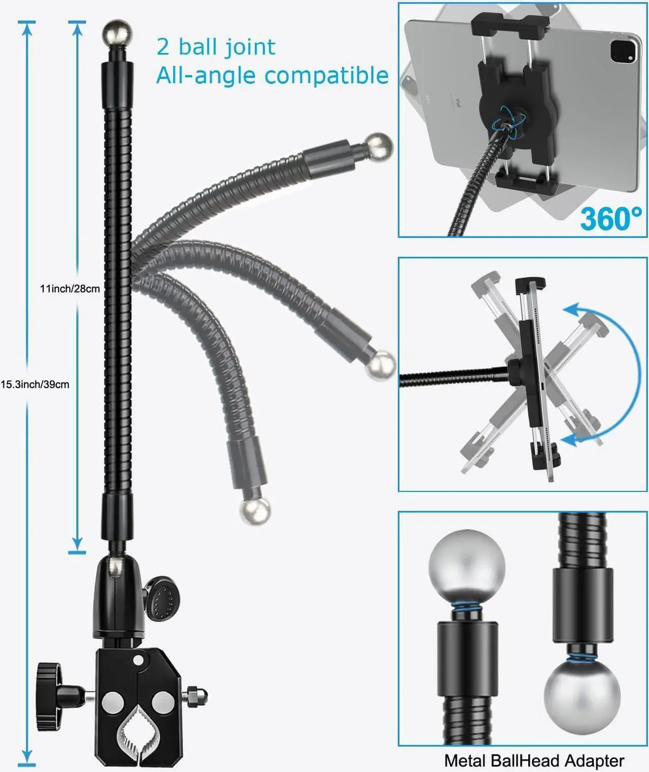 Alt view image 5 of 5 - Gooseneck Metal Spin Bike Tablet Holder Mount, Indoor Handlebar iPad Holder for Treadmill, Exercise Bike, Stationary Bicycle, Peloton, Elliptical for iPad Pro 12.9 Air Mini, Galaxy Tabs, Phones(4-13")