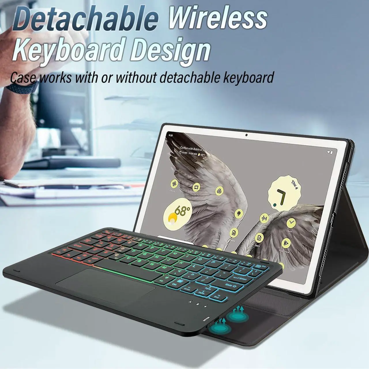 Alt view image 2 of 5 - Backlit Touchpad Keyboard Case for Google Pixel Tablet 11 Inch 2023, DKAHOEE 3-Zone Backlight Detachable Wireless Keyboard with Slim PU Leather Protective Case for 11 2023 Release Google Pixel Tablet