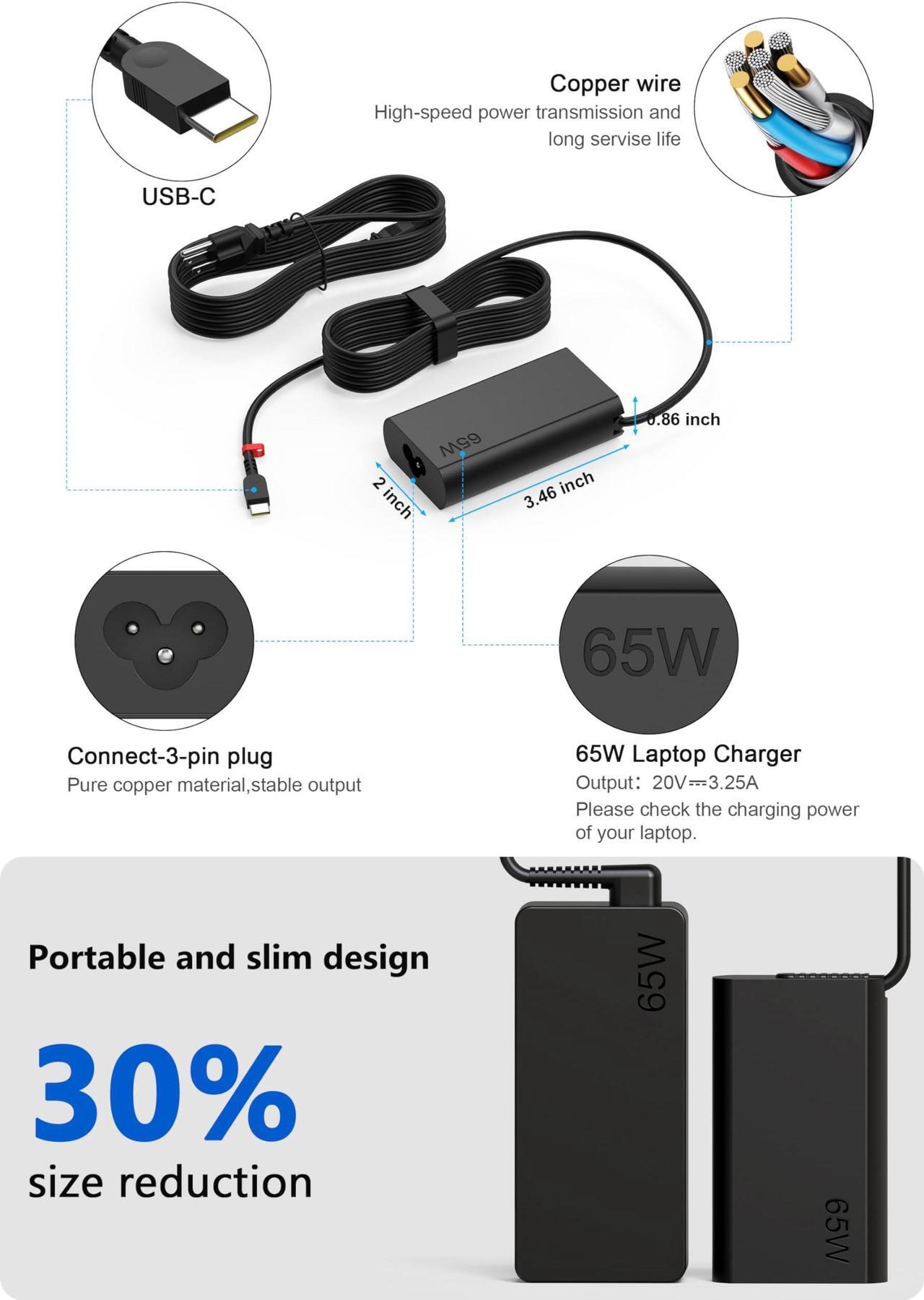 Alt view image 3 of 5 - Newest Slim USB-C 65W AC Adapter Fit for Lenovo ThinkPad X280 X380 X390 L390 E480 E495 E580 E590 T480 T490 T580 Yoga 730 C740 920 C930 C940 IdeaPad and More Computer which with Type C Laptop Charger