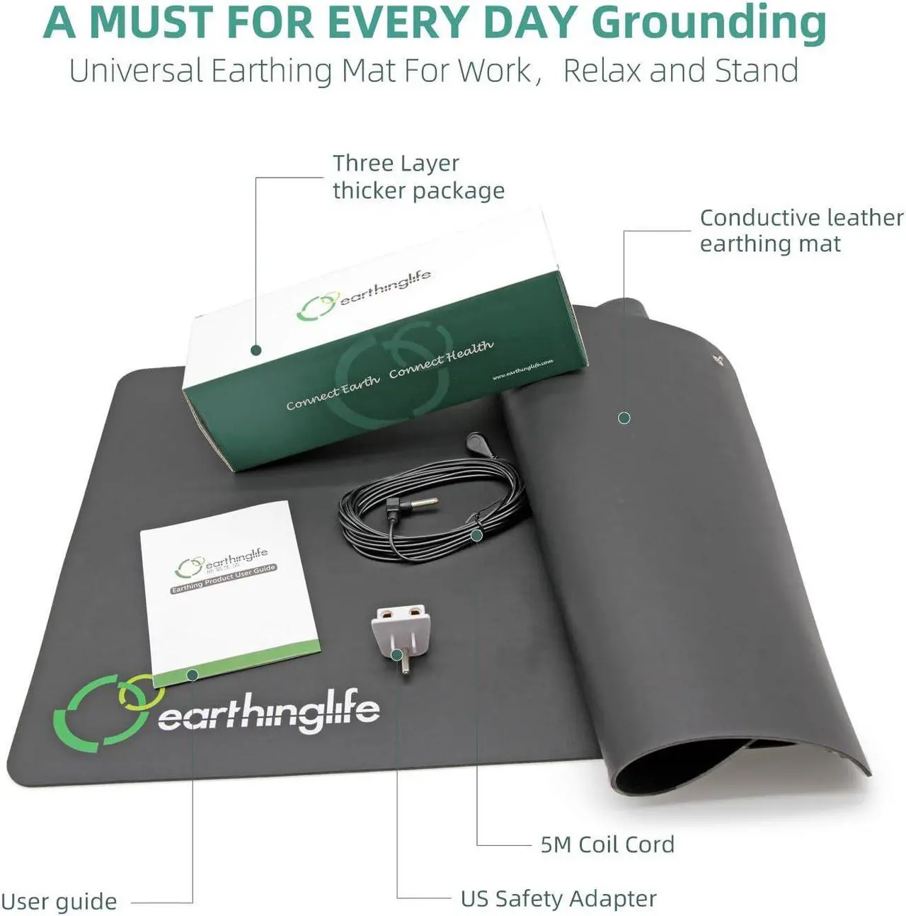 Alt view image 4 of 5 - Grounding Mat for Eathing Conductive PU Leather Desk Mat with 16.4ft Grounded Cord Grounded Therapy