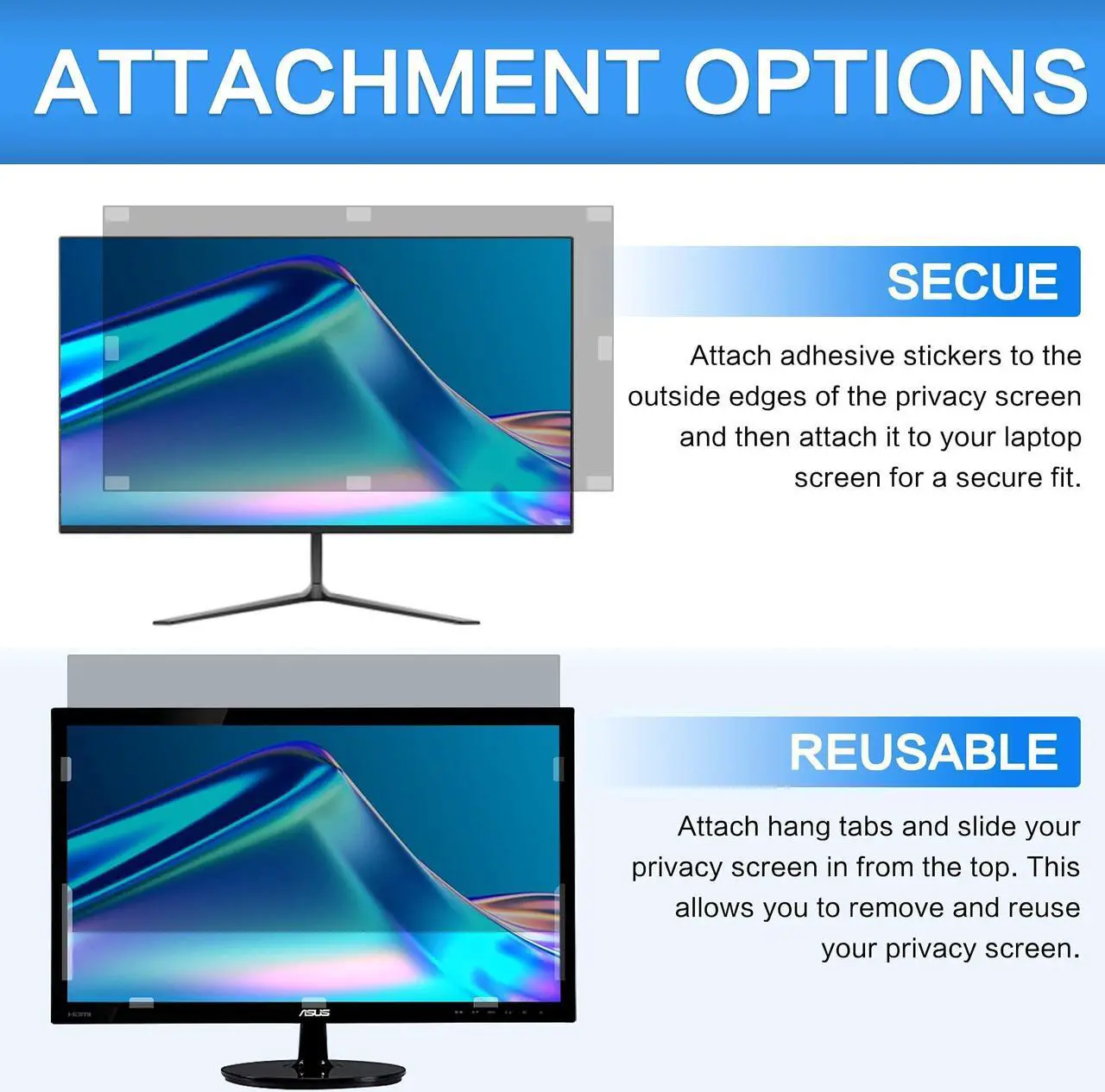 Alt view image 5 of 5 - ZOEGAA 23.8 Inch Computer Privacy Screen Filter for 16:9 Widescreen Computer Monitor 20.75"x11.68", Computer Screen Privacy 23.8 inch and Anti Blue Light Anti Glare Protector