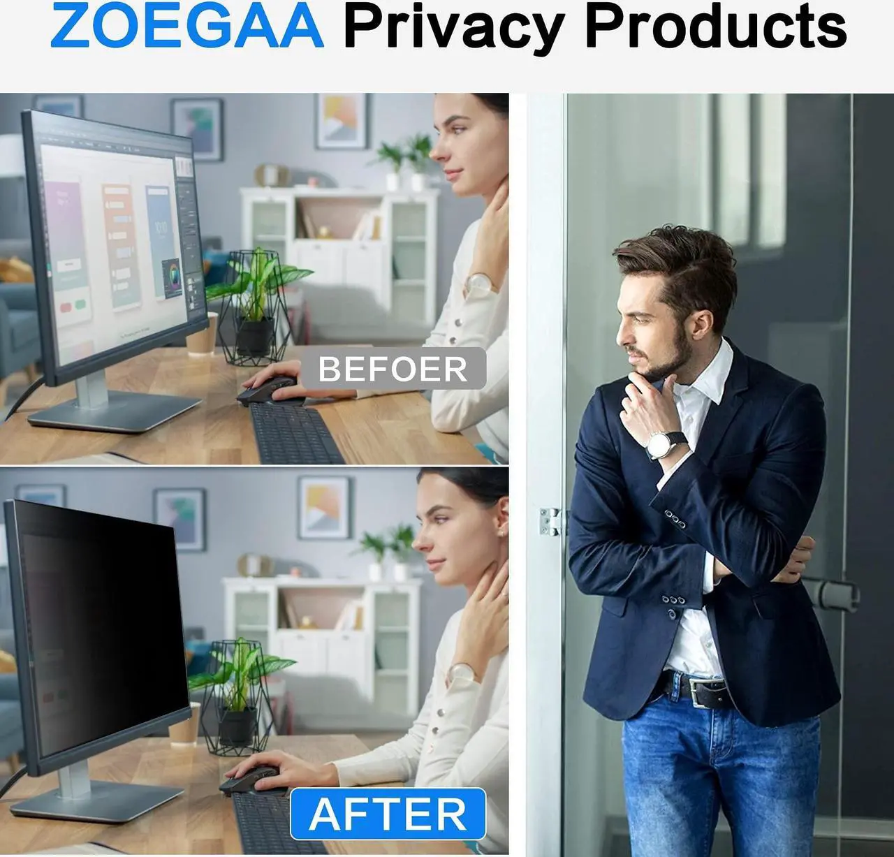 Alt view image 4 of 5 - ZOEGAA 23.8 Inch Computer Privacy Screen Filter for 16:9 Widescreen Computer Monitor 20.75"x11.68", Computer Screen Privacy 23.8 inch and Anti Blue Light Anti Glare Protector