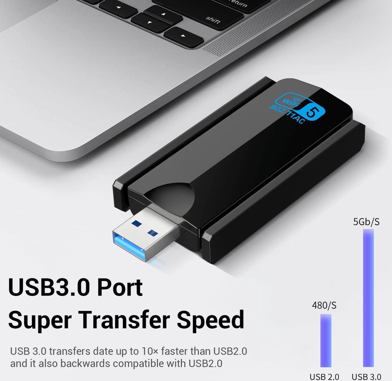 Alt view image 3 of 5 - WiFi USB Wireless Adapter for Desktop - 1300Mbps WiFi Adapter for Desktop PC Laptop 5Ghz/2.4Ghz 802.11ac USB Wireless Adapter with 5dBi Dual Band Antenna for PC WiFi Adapter Supports Win 7/10/11