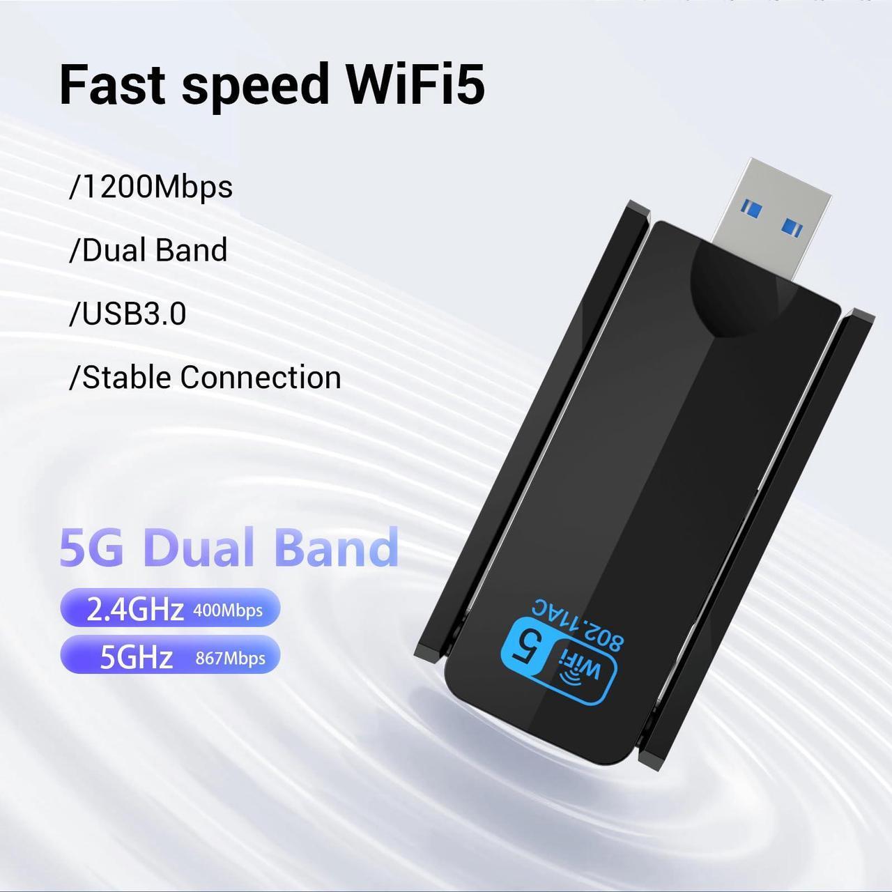 Alt view image 2 of 5 - WiFi USB Wireless Adapter for Desktop - 1300Mbps WiFi Adapter for Desktop PC Laptop 5Ghz/2.4Ghz 802.11ac USB Wireless Adapter with 5dBi Dual Band Antenna for PC WiFi Adapter Supports Win 7/10/11