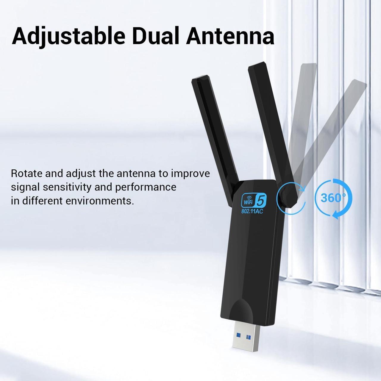 Alt view image 4 of 5 - WiFi USB Wireless Adapter for Desktop - 1300Mbps WiFi Adapter for Desktop PC Laptop 5Ghz/2.4Ghz 802.11ac USB Wireless Adapter with 5dBi Dual Band Antenna for PC WiFi Adapter Supports Win 7/10/11