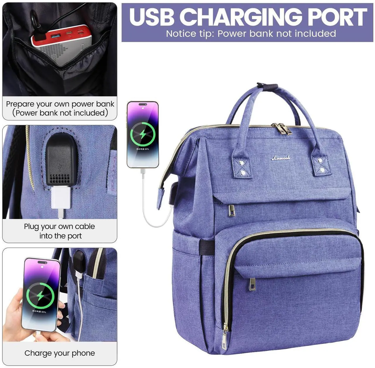 Alt view image 4 of 5 - LOVEVOOK Women's 15.6 Inch Professional Travel Backpack, Waterproof College Work Bag with USB Port, Blue-Violet