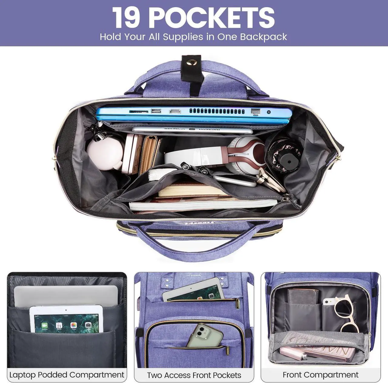 Alt view image 3 of 5 - LOVEVOOK Women's 15.6 Inch Professional Travel Backpack, Waterproof College Work Bag with USB Port, Blue-Violet