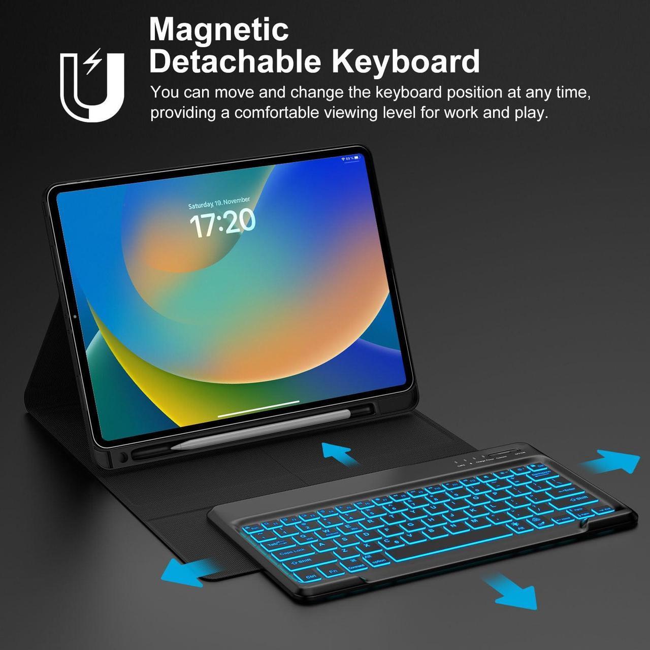 Alt view image 5 of 5 - Keyboard Case for iPad Pro 12.9 inch 6th 5th 4th 3rd Generation - Keyboard for iPad Air 13 Case with Pen Holder - 7 Colors Backlight, Detachable Bluetooth Keyboard, Auto Sleep/Wake Folio Case (Navy)