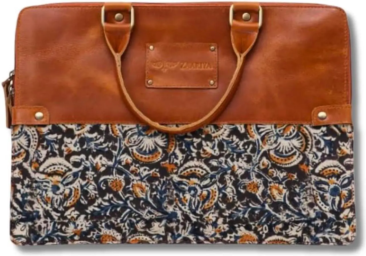 Main image of ZAARIYA Handcrafted Laptop Bag/Sleeve/Case for Women | Made From Leather With Handblock Fabric - Ideal For 13 Inch Devices
